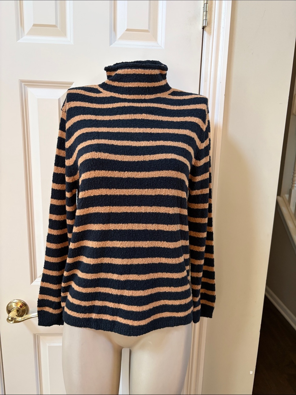NWT J. Crew Black and Camel Striped Turtleneck textured Sweater, med
